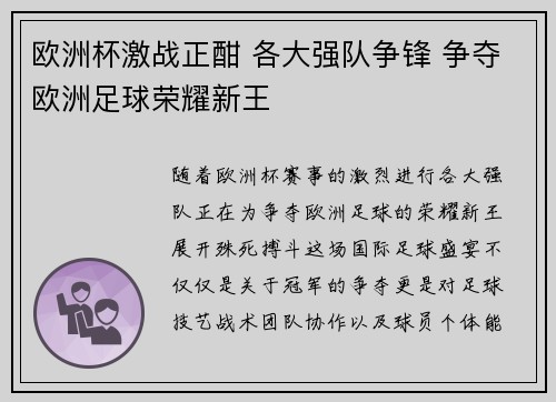 欧洲杯激战正酣 各大强队争锋 争夺欧洲足球荣耀新王